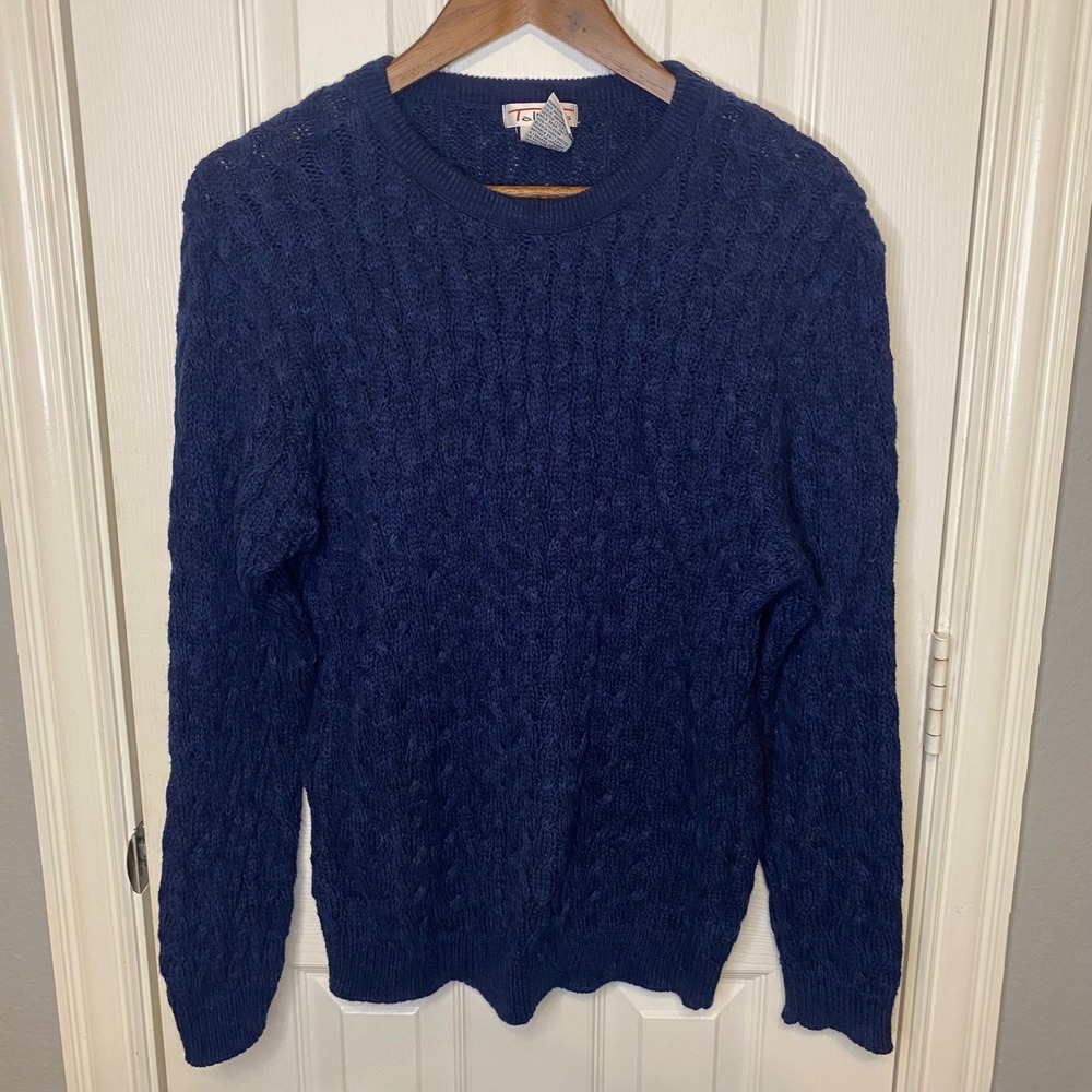Vintage Talbots Small Navy Blue Cable Knit Cotton Sweater‎ Crewneck Made in USA